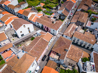 Aerial view of Municipality and Central square of Ribeira Grande, Sao Miguel, Azores, Portugal.