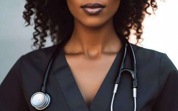 Doctor black woman, stethoscope closeup on blur background. Half torso front position without head. Horizontal panoramic composition. Generative Ai