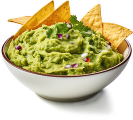 Bowl with guacamole and nachos isolated on white background.