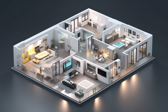 Interior of AI augmented reality smart home, Modern smart home components management system, generative AI