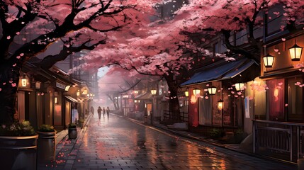 View of Japanese Kyoto with flourishing cherry blossoms. Sakura season