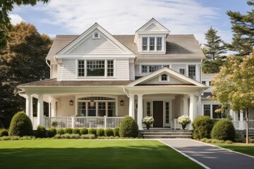 Fototapeta na wymiar Suburban dream home with a New England style, featuring a beige color scheme.
