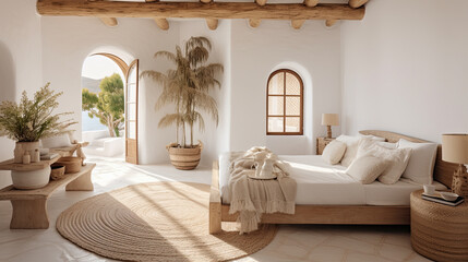 arquitectura interior de una habitacion en una casa tipica blanca ibicenca, con muebles y decoracion natural, mimbre y madera. Ilustracion de ia generativa
