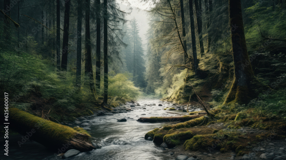 Poster forest with towering trees and rushing river in the background.