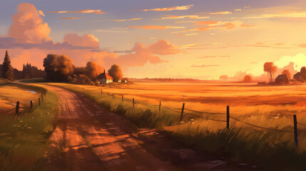Naklejka na ściany i meble Road in field evening sunset digital painting by AI