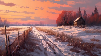 Road through the field general plan. Digital painting by AI
