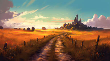 Road through the field general plan. Digital painting by AI