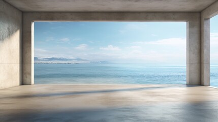 Abstract empty minimal concrete inerior with sunlight and an ocean view, 3d rendering, AI generated image