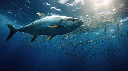 Underwater view with big tuna fish and fishing net on a background
