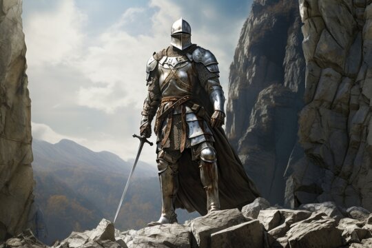 Medieval knight in dark decorated armor with a sword stands on a rock on a sunny day, close up