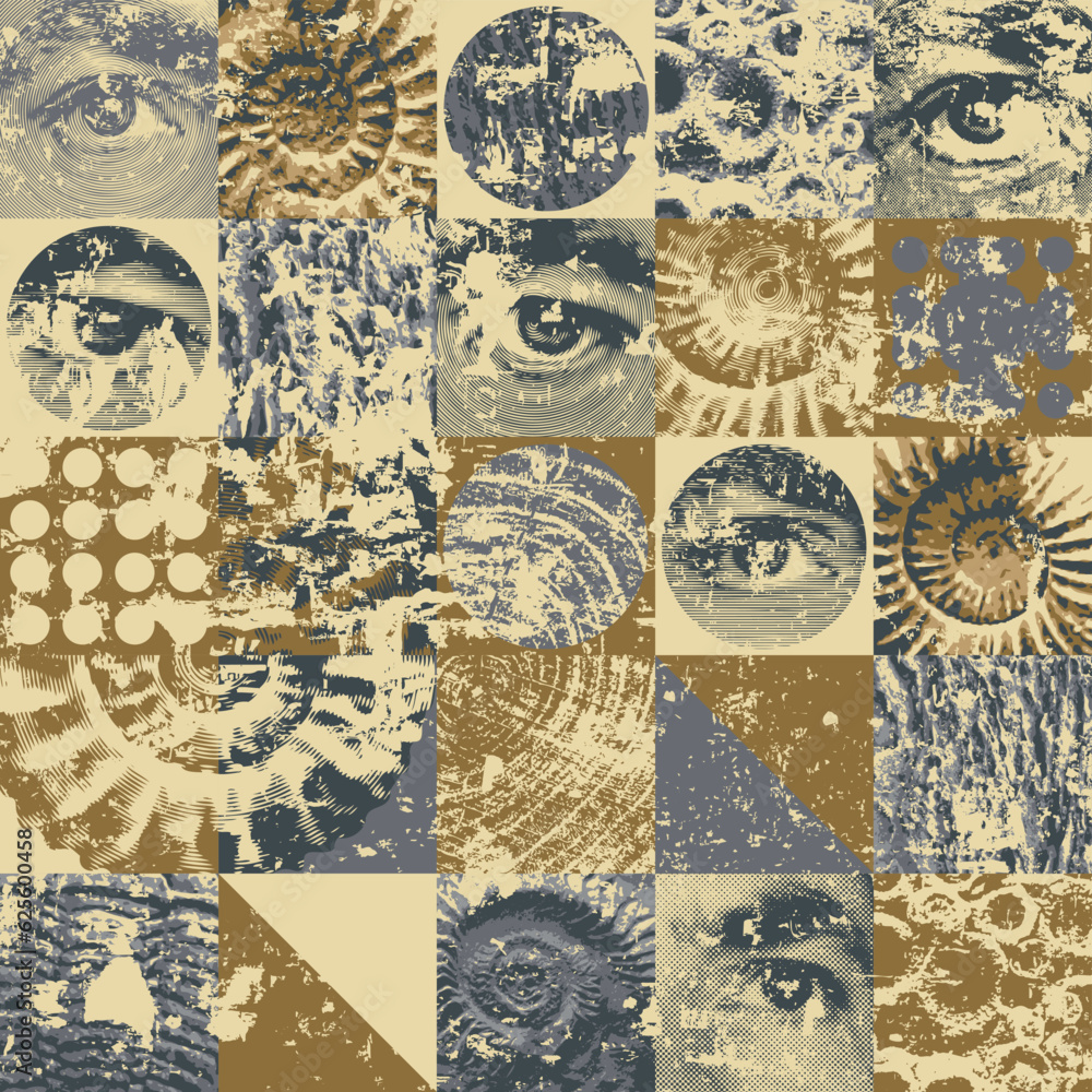 Poster seamless pattern with human eyes and sea stone texture with imprints of shells of ancient ammonite s