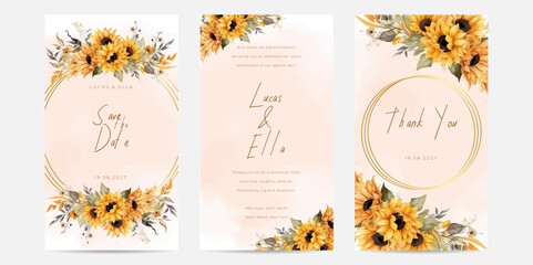 Hand painting of yellow sunflower arrangement on wedding invitation background. Garden theme wedding card invitation.