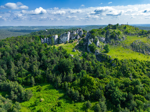 Aerial view of rock formations in the Krakow-Czestochowa Jura. Poland. 