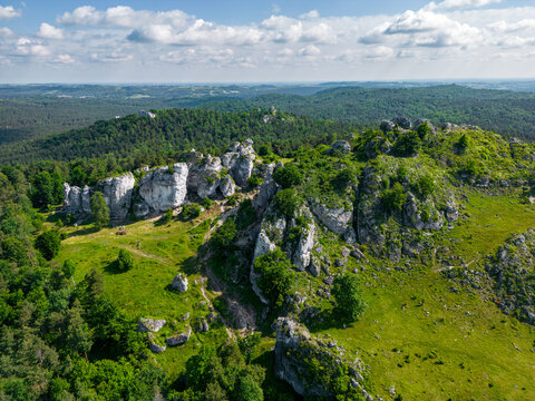 Aerial view of rock formations in the Krakow-Czestochowa Jura. Poland. 
