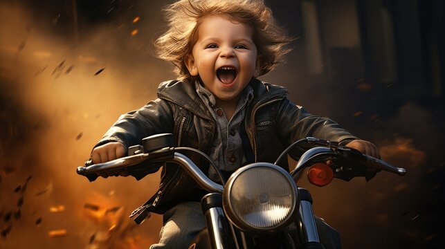 Funny baby romping on the bike. Generative AI