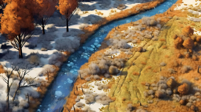 Aerial view of the road in winter digital painting by AI