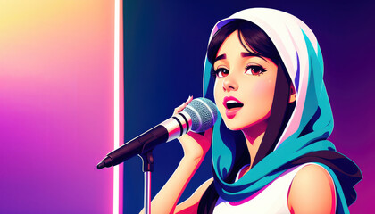 arab girl sings of a microphone. generative ai