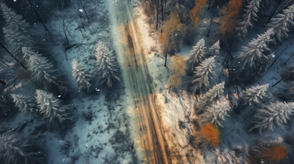 Aerial view of road in forest winter daytime digital painting by AI