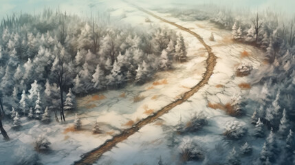 Aerial view of road in forest winter daytime digital painting by AI