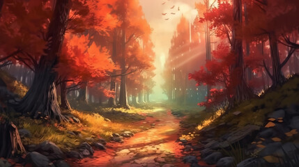 Naklejka premium Road in forest daytime digital painting by AI