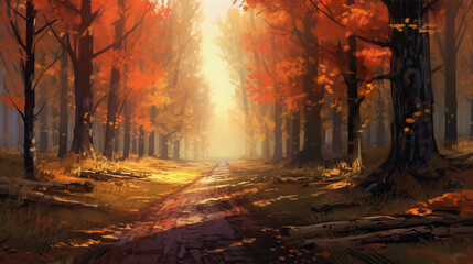Fototapeta premium Road in forest daytime digital painting by AI