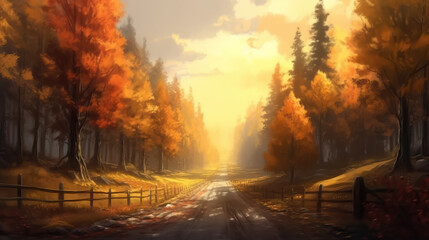 Obraz premium Road in forest morning digital painting by AI