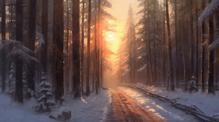 Naklejka premium Road in forest winter digital painting by AI