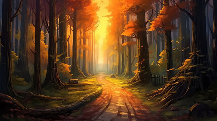 Road in forest. Sunset and golden hour digital painting by AI