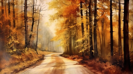 Road in forest in autumn watercolor style by AI