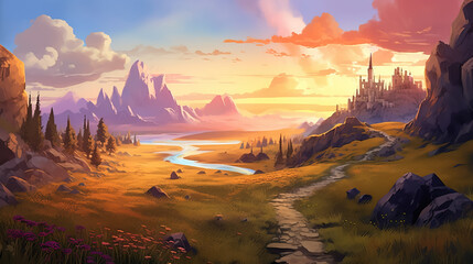 Road in mountains evening sunset digital painting by AI