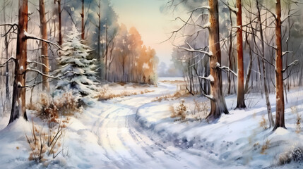 Fototapeta premium Road in forest in winter watercolor style by AI