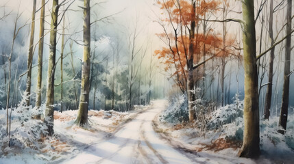 Fototapeta premium Road in forest in winter watercolor style by AI