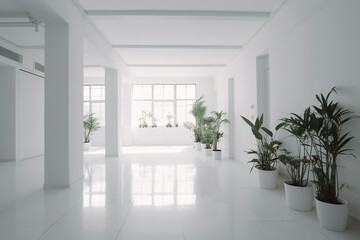 generative ai illustration of modern white empty room with green plant