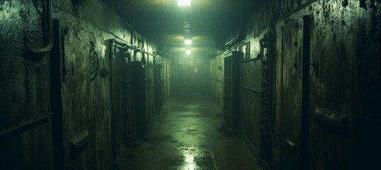Horror underground hallway melancholic dark background. Generative AI technology.