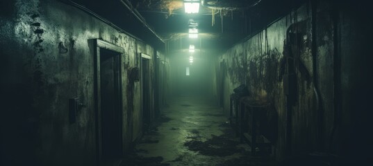 Dirty creepy hallway melancholic dark background. Generative AI technology.