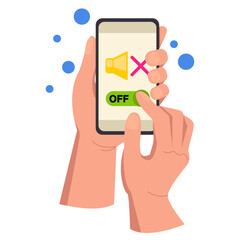 Illustration of two hands holding a phone turn off the sound on the phone. Vector graphic.