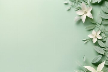 Leaves and white flowers with water drops on a light green background with copy space for your text.