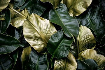 Gold and green tropical leaves on a white background.