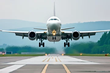 Zelfklevend Fotobehang Modern airplane landing at the airport © Jezper