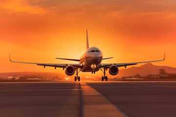 Naklejka na ściany i meble airplane in the sunset on the airport runway