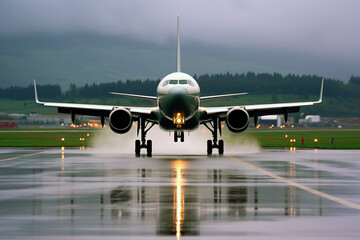 Fototapeta na wymiar A passenger airplane takes off from the runway during rain
