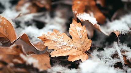 autumn leaves in the snow - obrazy, fototapety, plakaty