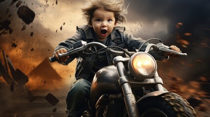 Obraz premium Funny baby romping on the bike. Generative AI