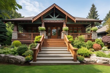 Fototapeta na wymiar The outside of a spacious craftsman style house features cedar siding, an imposing front porch adorned with stones and stairs, and decorative planters filled with vibrant green plants.