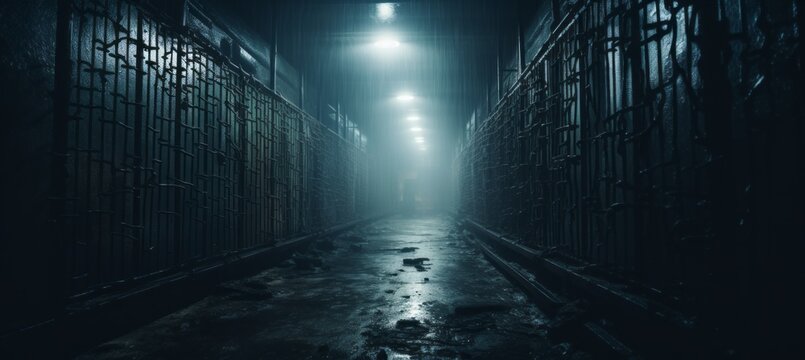 Dark prison corridor tunnel melancholic dark background. Generative AI technology.