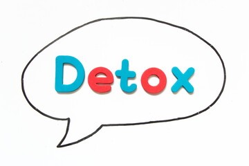 Alphabet letter with word detox in black line hand drawing as bubble speech on white board background