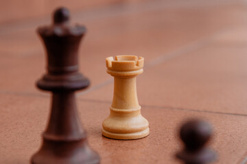 chess pieces outside, close up photos and detailed. isolated focus. white rook, king, pawn