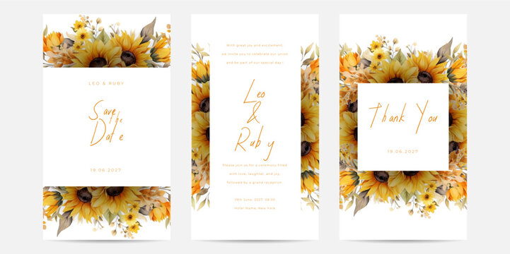 Hand painting of yellow sunflower arrangement on wedding invitation background. Garden theme wedding card invitation.