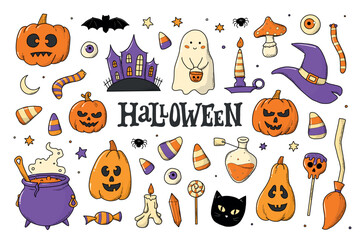 set of halloween doodles, cartoon elements, clip art isolated on white background. Good for prints, cards, stickers, signs, sublimation, scrapbooking, etc. EPS 10