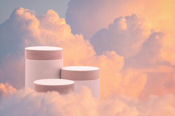 Surreal podium outdoor on blue sky pink gold pastel soft clouds with space.Beauty cosmetic product...